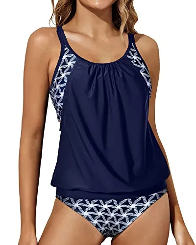 Athletic Tummy Control Bathing Suit Tankini Swimsuits For Women-Blue And White Stars