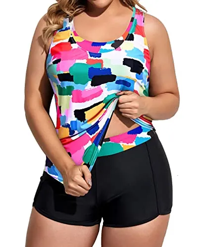 Athletic Women's Plus Size Bikini Set With High Waisted Boy Shorts-Color Tie Dye