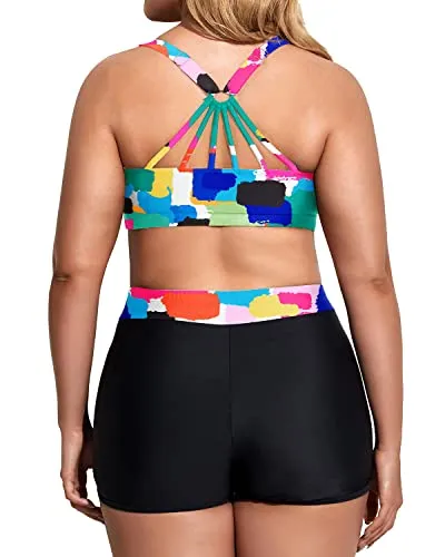 Athletic Women's Plus Size Bikini Set With High Waisted Boy Shorts-Color Tie Dye