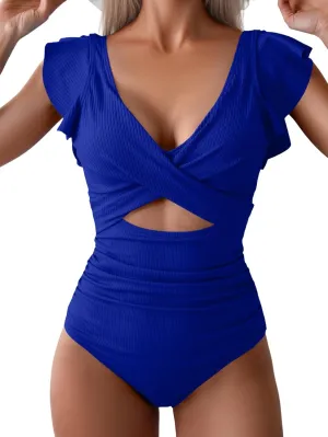 B2prity Women's One Piece Swimsuit Ruffle Cutout Bathing Suits Slimming Tummy Control V Neck Ribbed Wrap Swimwear