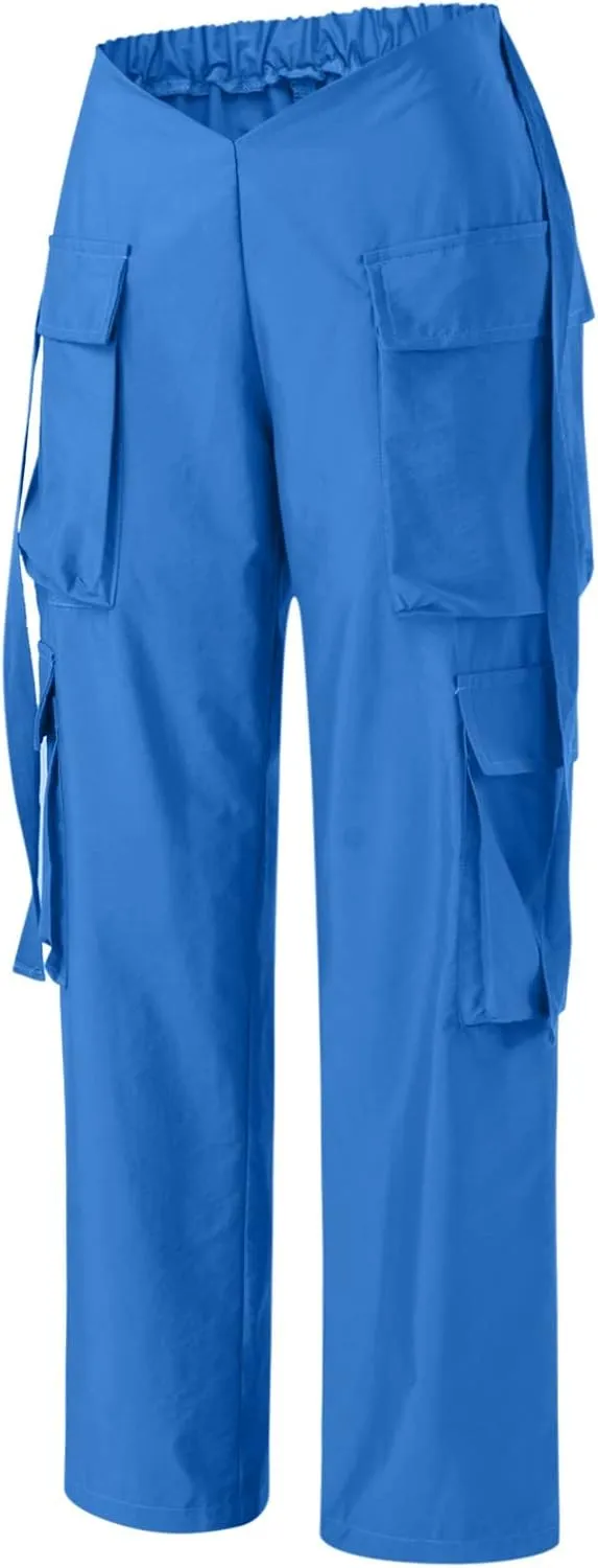 Baggy Parachute Pants for Women Girls Drawstring Elastic Low Waist Ruched Cargo Pants Multiple Pockets Jogger Y2K