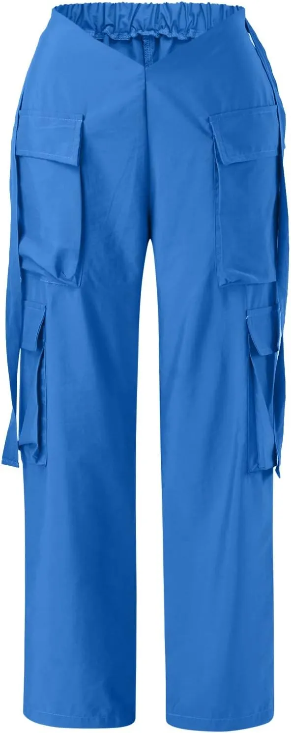 Baggy Parachute Pants for Women Girls Drawstring Elastic Low Waist Ruched Cargo Pants Multiple Pockets Jogger Y2K