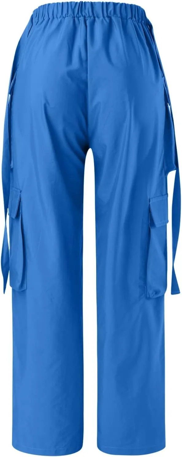Baggy Parachute Pants for Women Girls Drawstring Elastic Low Waist Ruched Cargo Pants Multiple Pockets Jogger Y2K