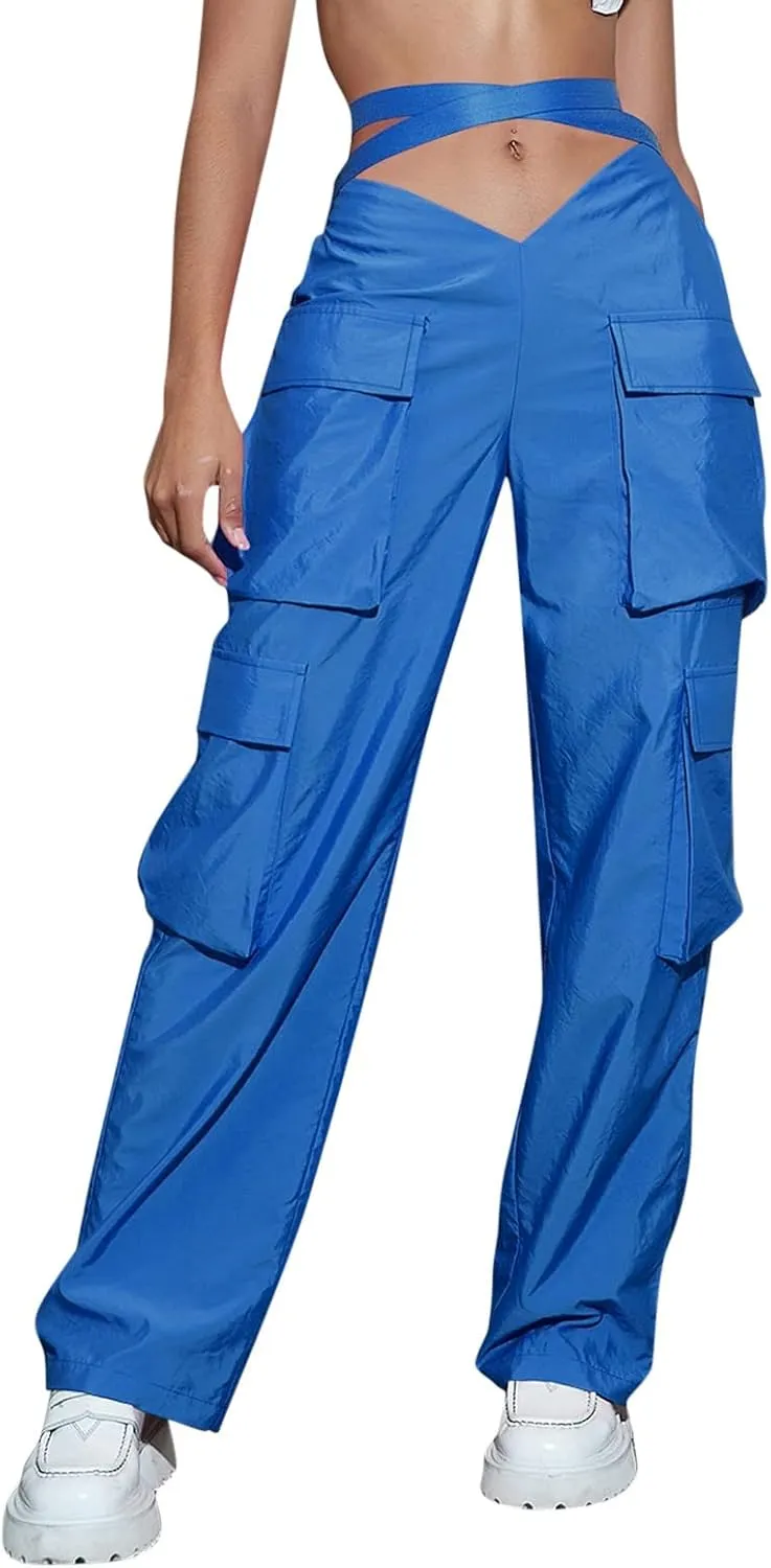 Baggy Parachute Pants for Women Girls Drawstring Elastic Low Waist Ruched Cargo Pants Multiple Pockets Jogger Y2K