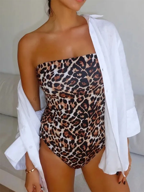 Bandeau One-Piece Swimsuit in Animal Print with Ruched Sides