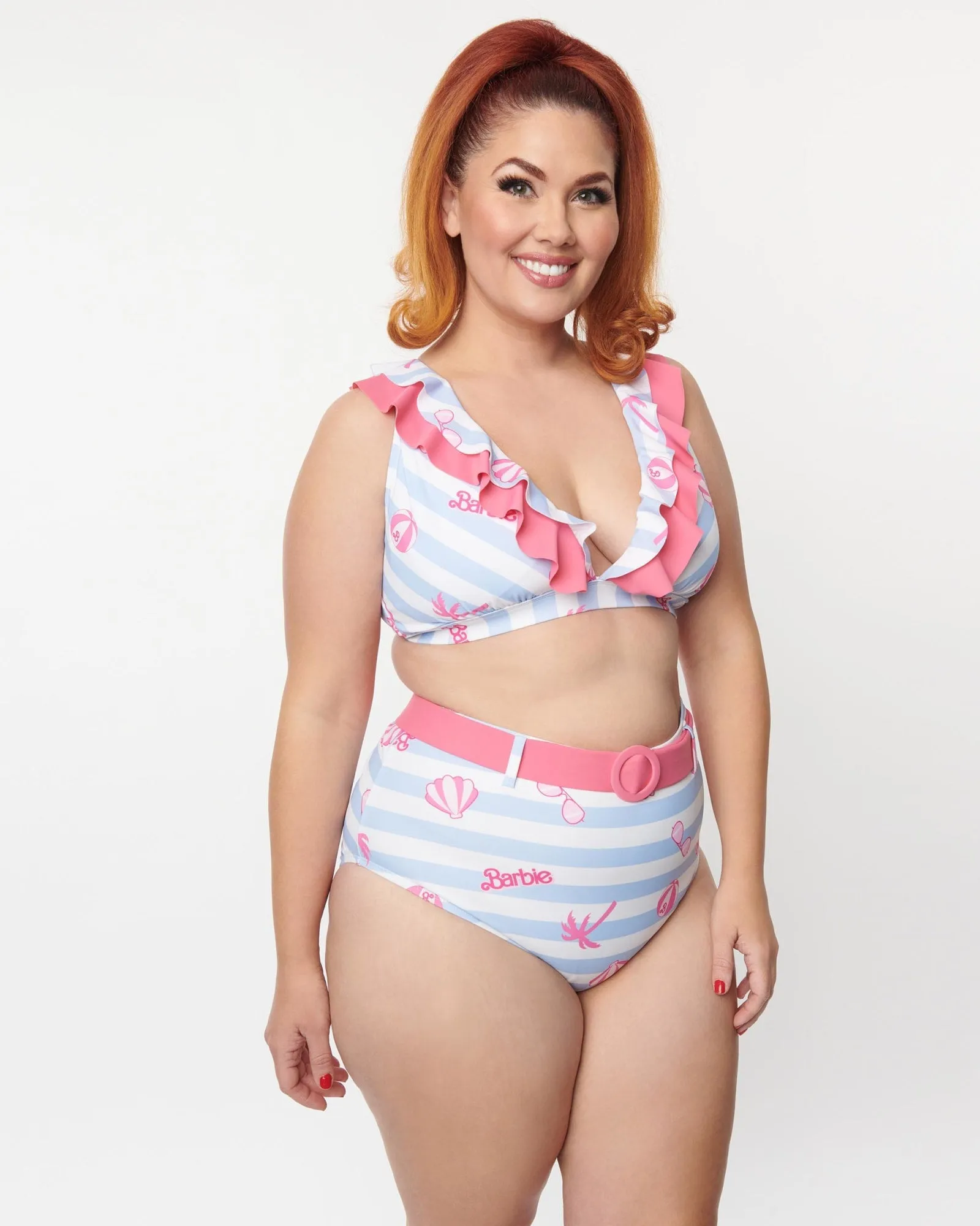 Barbie x Unique Vintage Malibu Beach Print Swim Bottoms | White, Blue, Pink, Striped