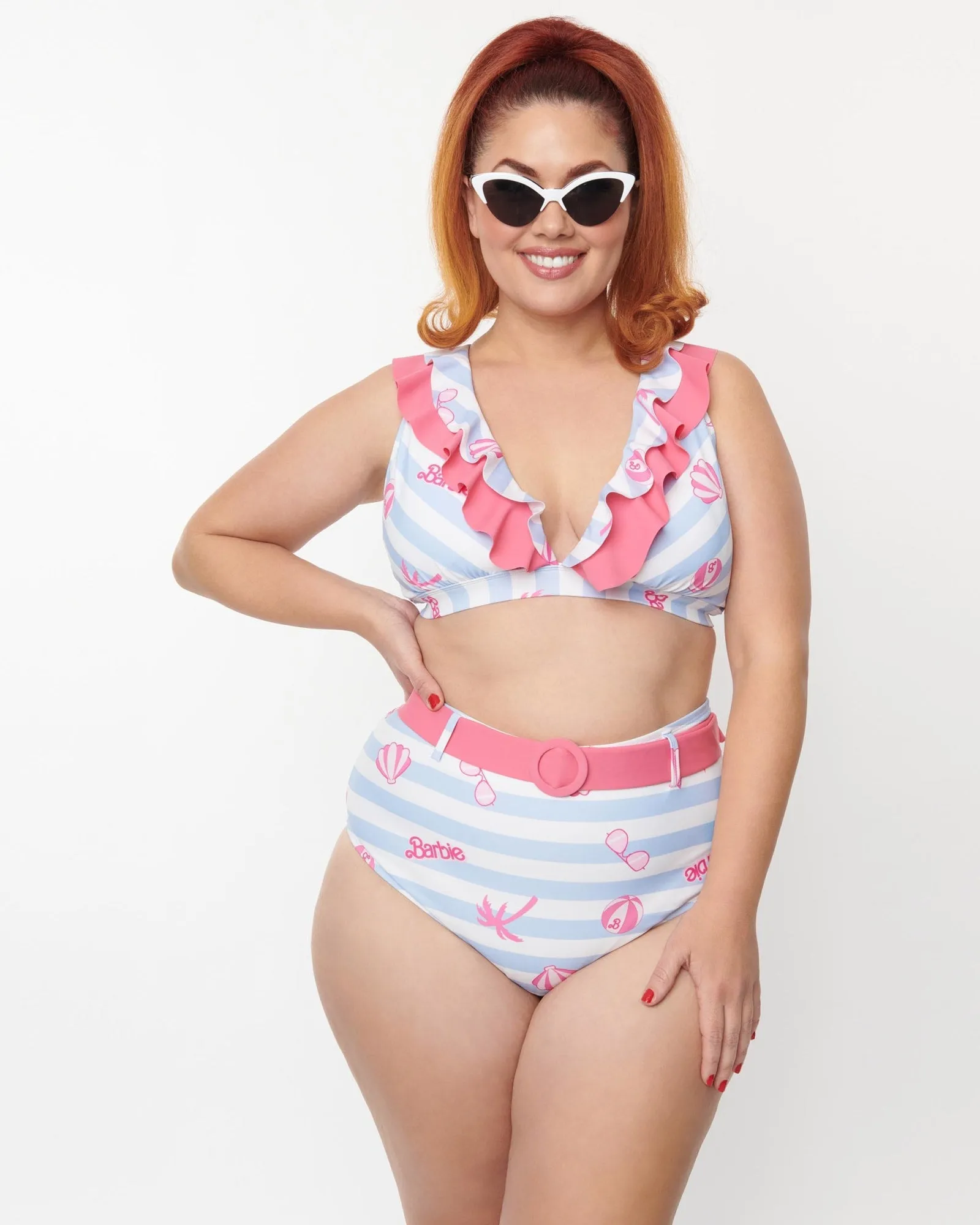 Barbie x Unique Vintage Malibu Beach Print Swim Bottoms | White, Blue, Pink, Striped