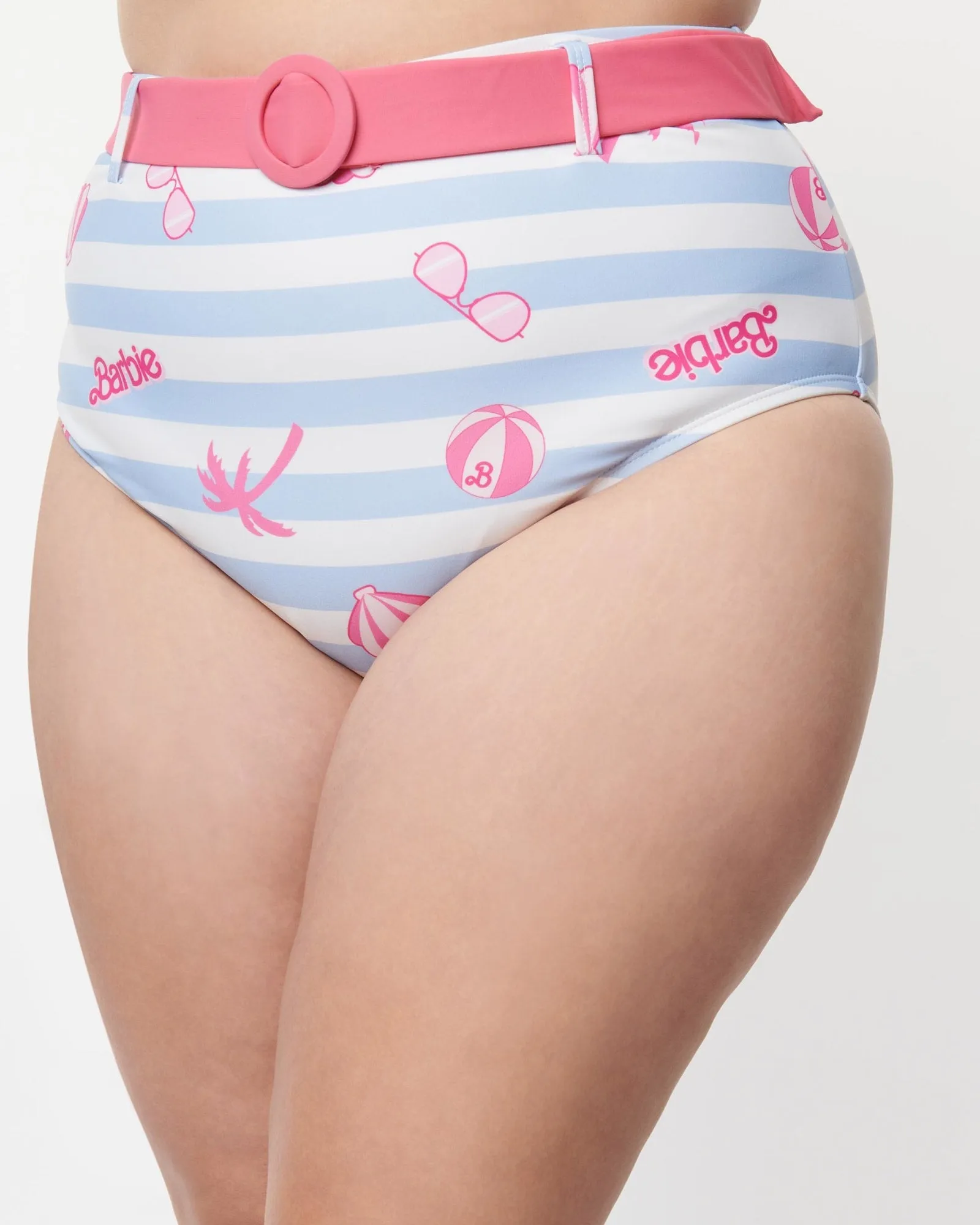 Barbie x Unique Vintage Malibu Beach Print Swim Bottoms | White, Blue, Pink, Striped