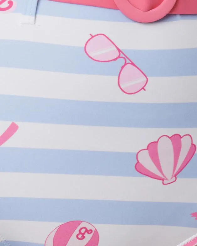 Barbie x Unique Vintage Malibu Beach Print Swim Bottoms | White, Blue, Pink, Striped