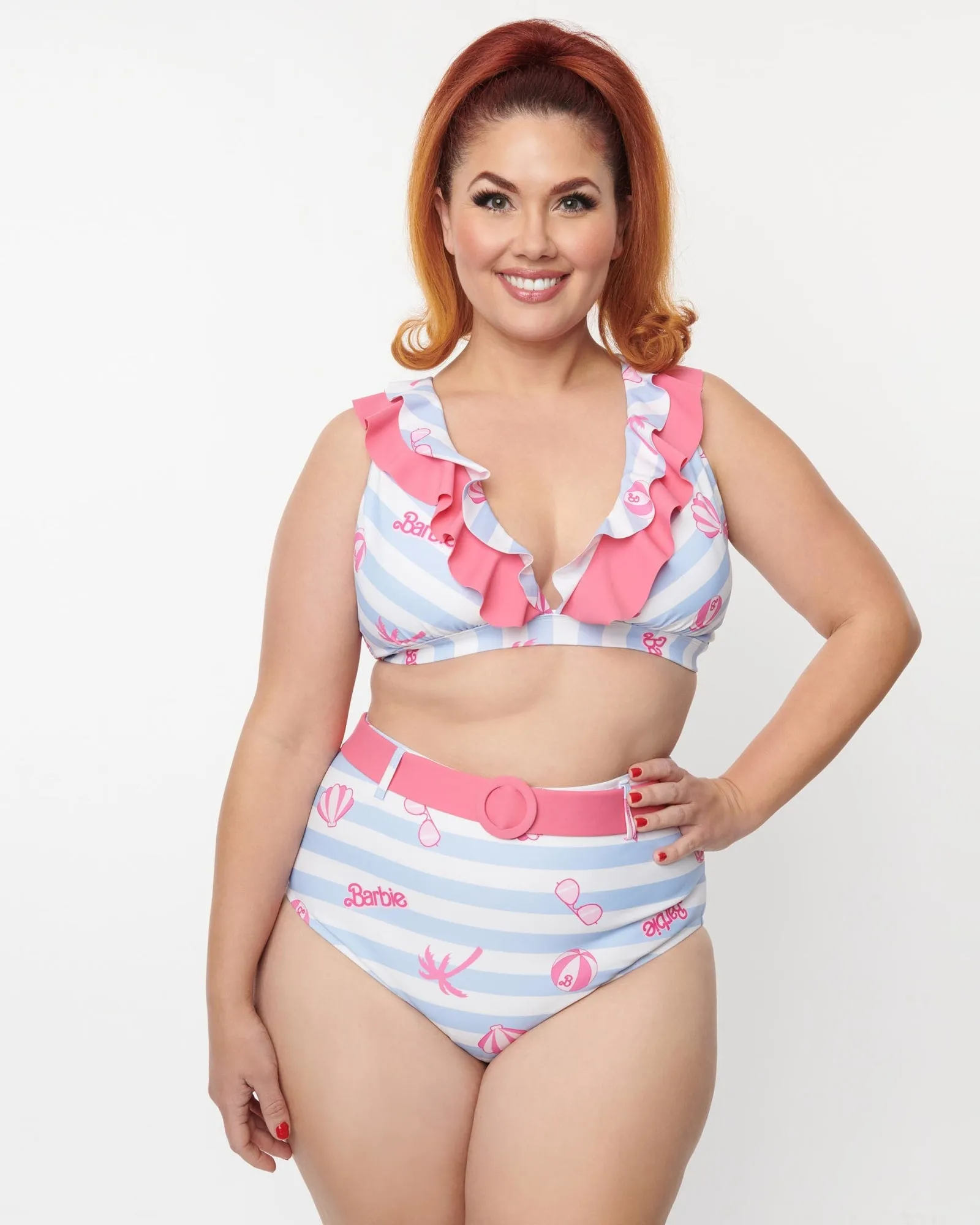 Barbie x Unique Vintage Malibu Beach Print Swim Bottoms | White, Blue, Pink, Striped