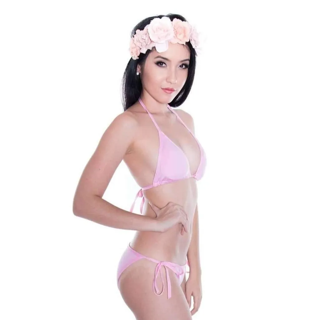 Basic Triangle String Bikini Set in Pink