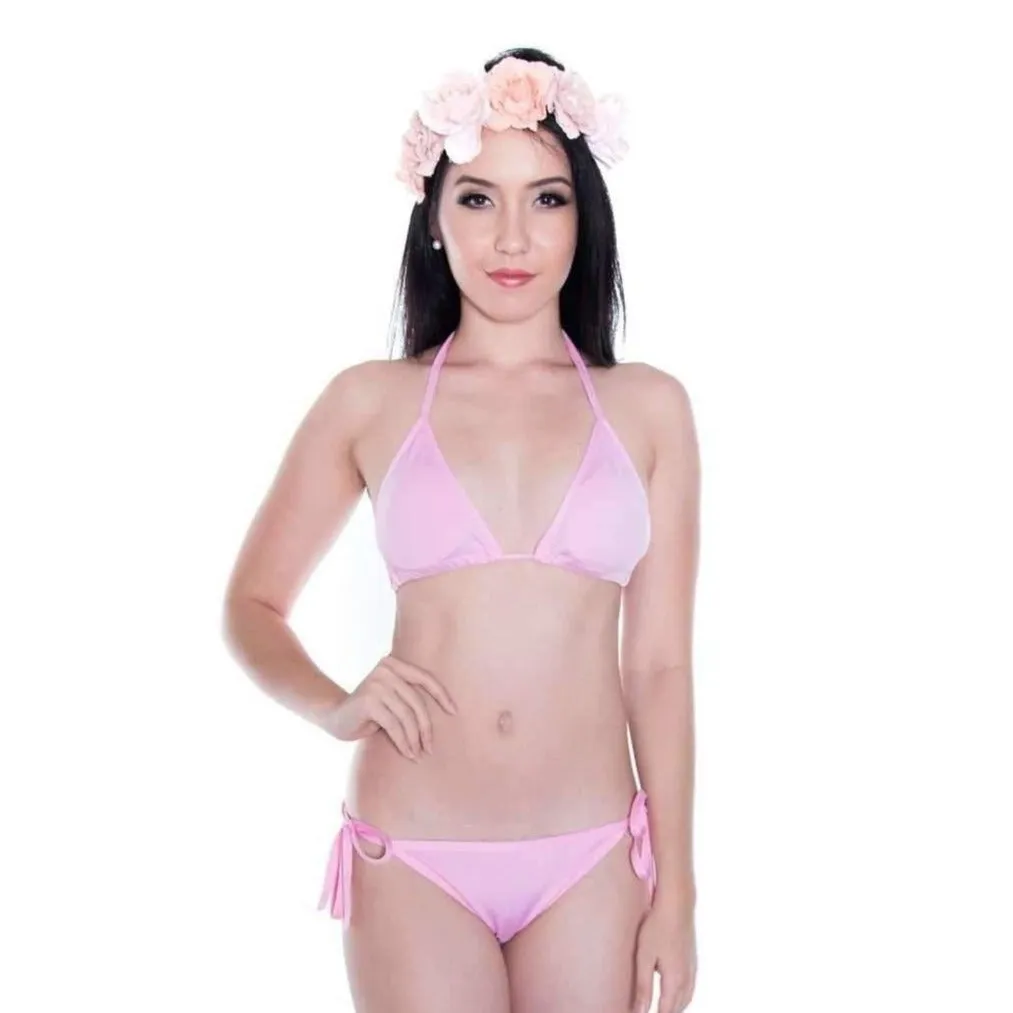 Basic Triangle String Bikini Set in Pink