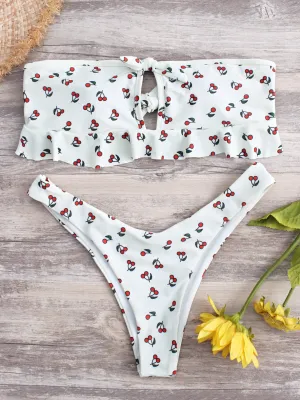 Bateau Floral Print Backless Hollow Self-Tie Sleeveless White Bikini Set