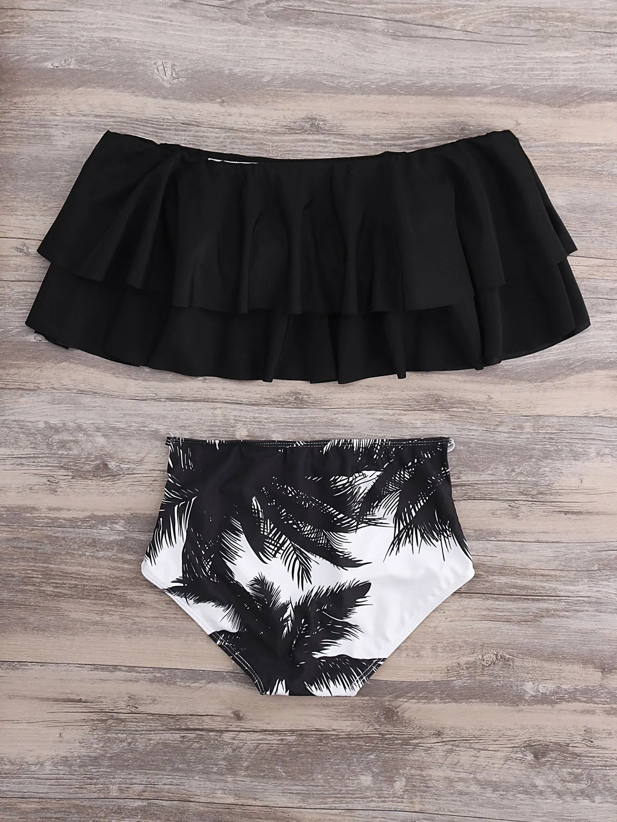 Bateau Ruffle Trim Short Sleeve Black Bikinis