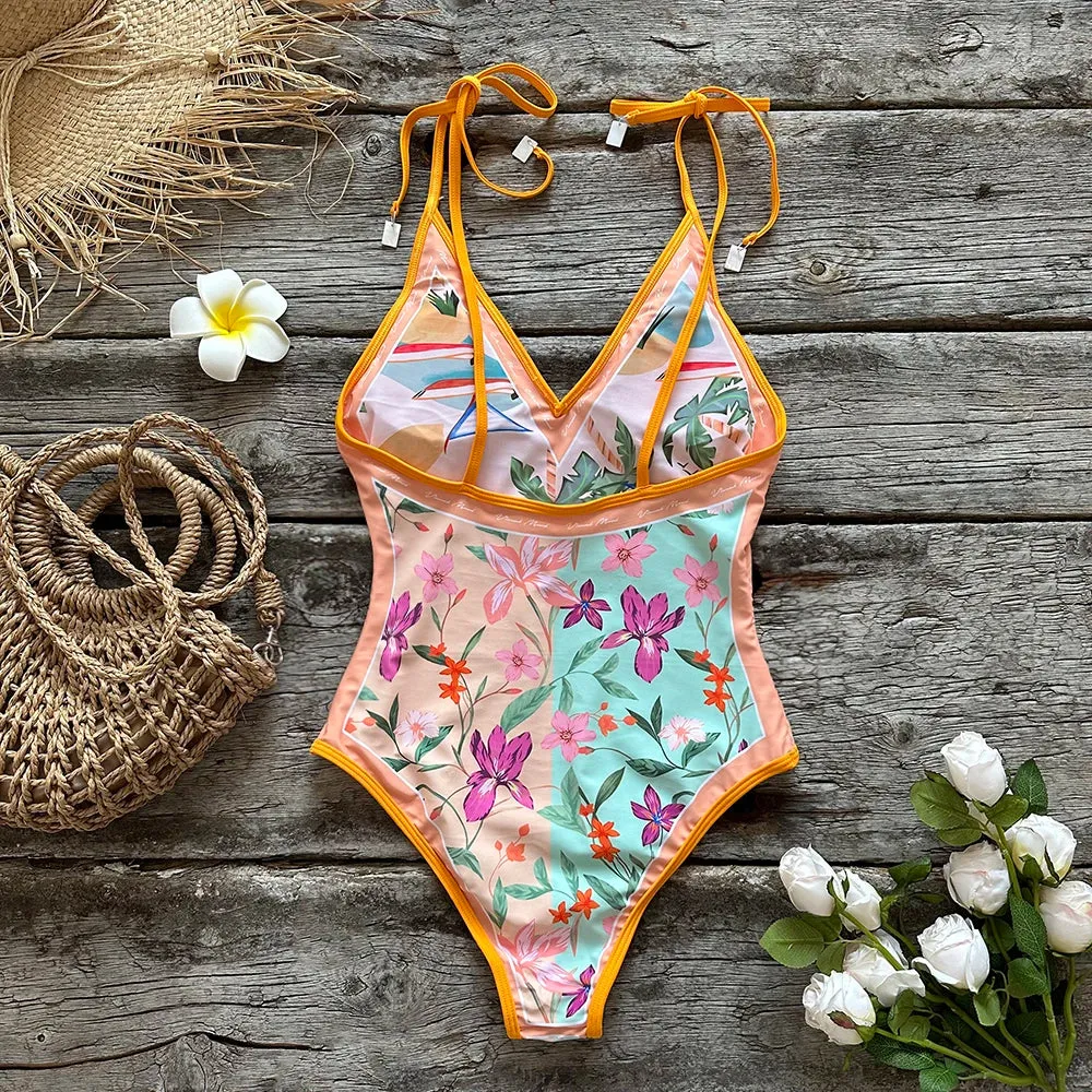 Beach Artistic Floral One-Piece Swimsuit for Vacation