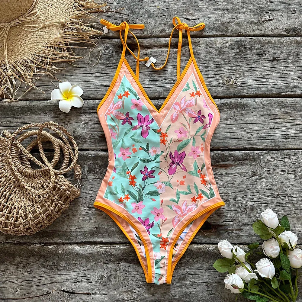 Beach Artistic Floral One-Piece Swimsuit for Vacation