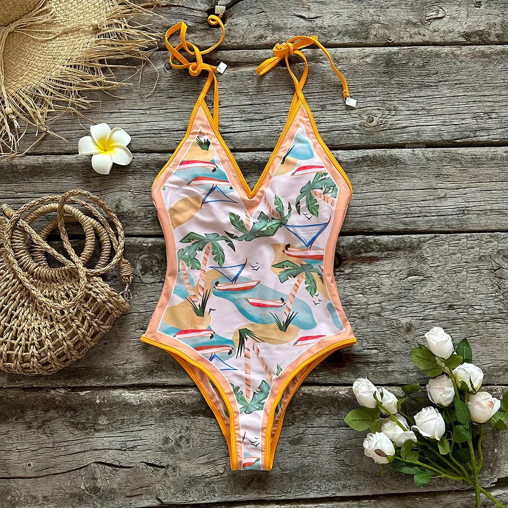 Beach Artistic Floral One-Piece Swimsuit for Vacation