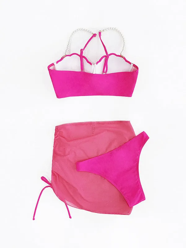 Beach Pearl Embellished Bikini Set Push Up Shell Bra & Bikini Bottom & Beach Skirt 3 Piece Bathing Suit Pink