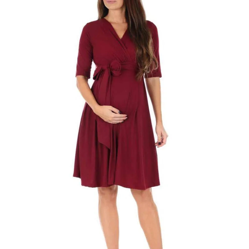 Beautiful Solid V Neckline Maternity Dress