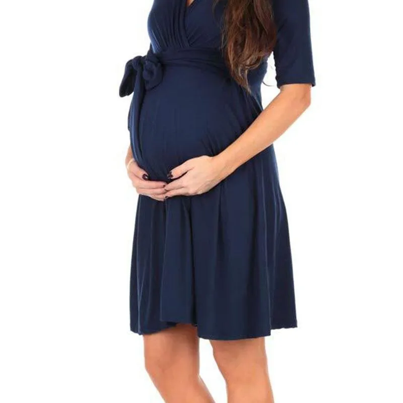 Beautiful Solid V Neckline Maternity Dress