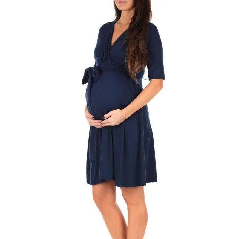 Beautiful Solid V Neckline Maternity Dress