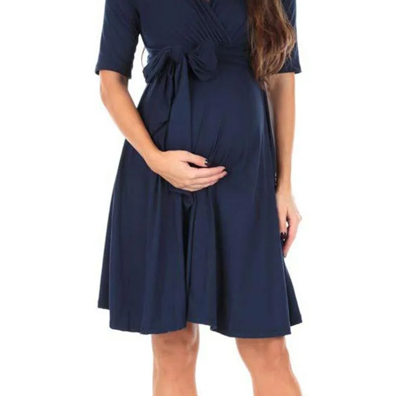 Beautiful Solid V Neckline Maternity Dress