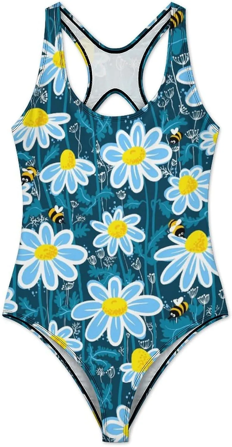 Bees Collect Honey Womens 1 Piece Swimsuit Backless Scoop Neck Trendy Tummy Control Swimwear