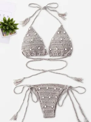 Beige Halter Sleeveless Backless Hollow Tie-Up Bikinis