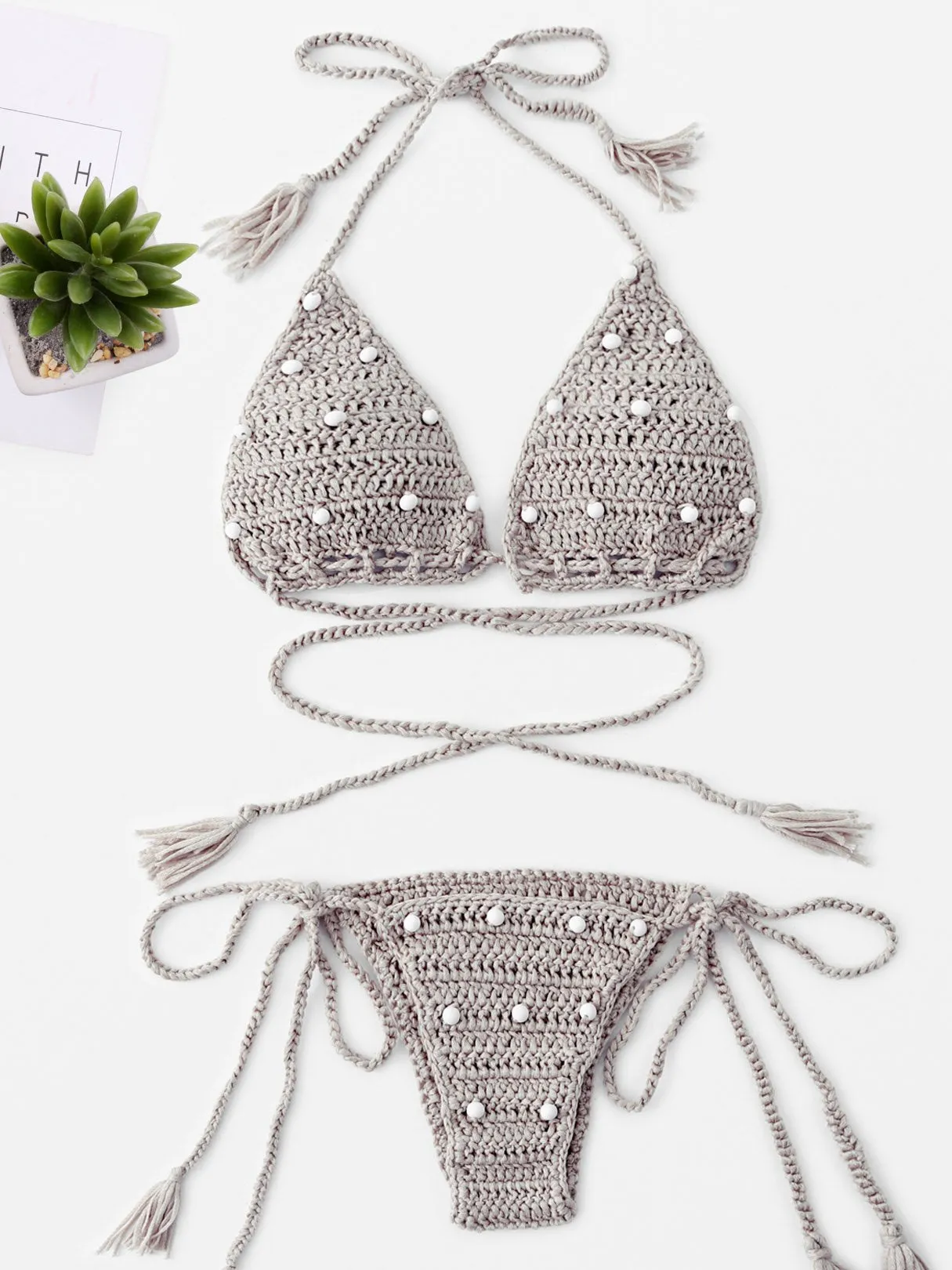Beige Halter Sleeveless Backless Hollow Tie-Up Bikinis