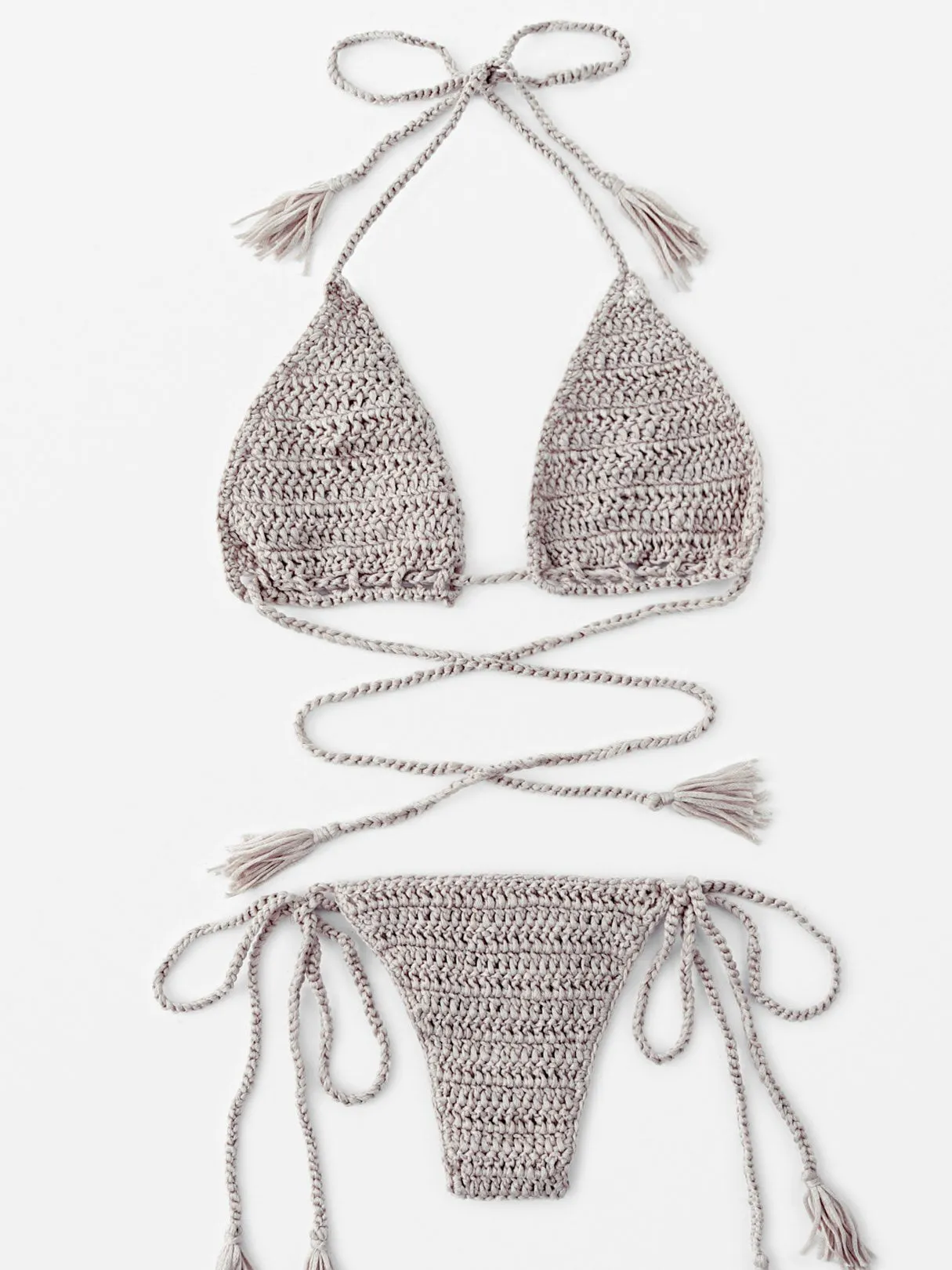 Beige Halter Sleeveless Backless Hollow Tie-Up Bikinis