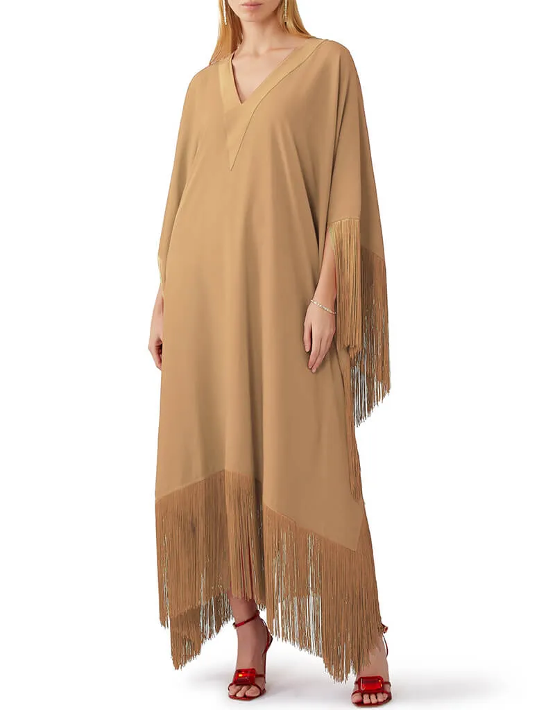 Beige V-Neck Style Fringed Kaftans