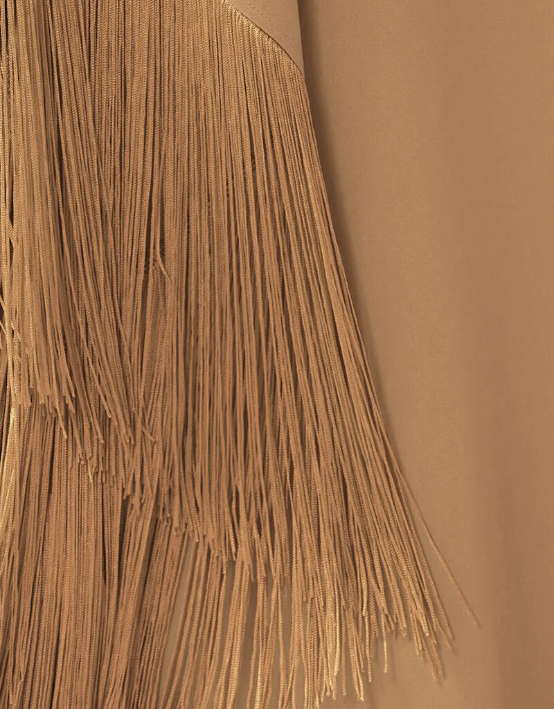 Beige V-Neck Style Fringed Kaftans