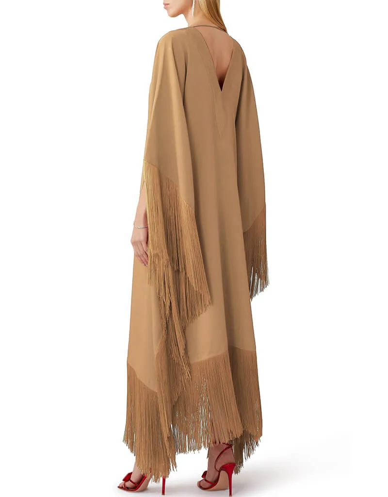 Beige V-Neck Style Fringed Kaftans