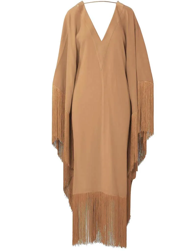 Beige V-Neck Style Fringed Kaftans
