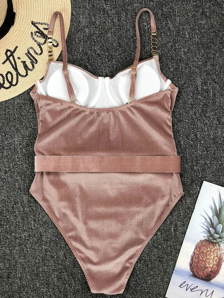 Belted One-Piece Swimsuit with Push-Up Underwire Support