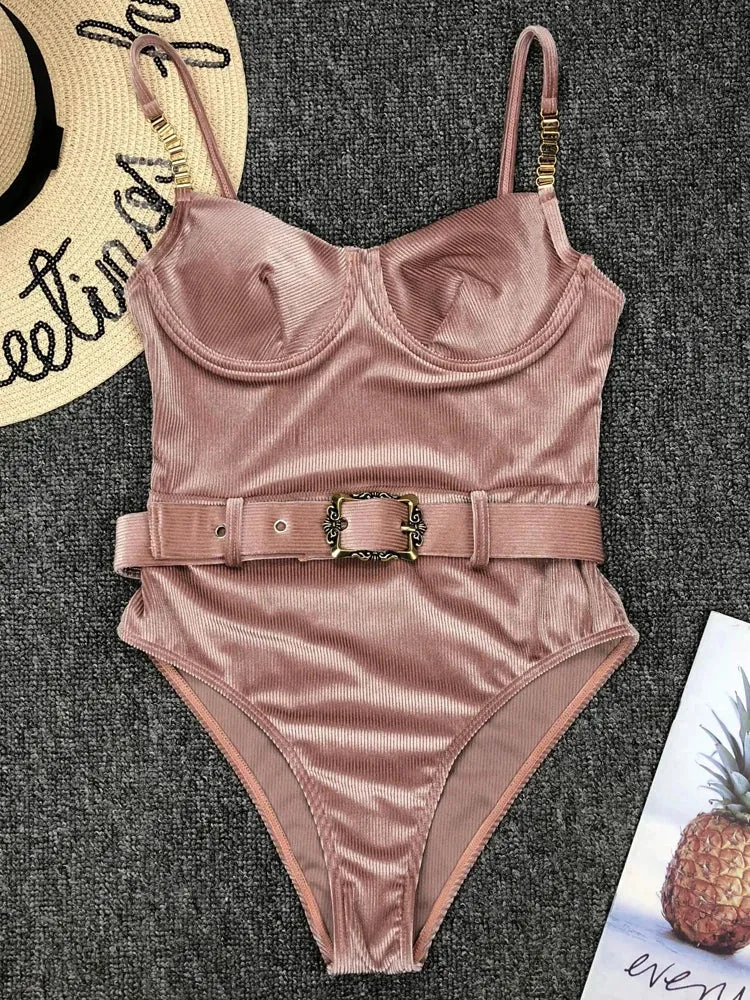 Belted One-Piece Swimsuit with Push-Up Underwire Support