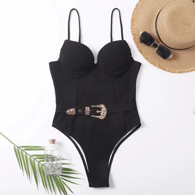 Belted One-Piece Swimsuit with Push-Up Underwire Support