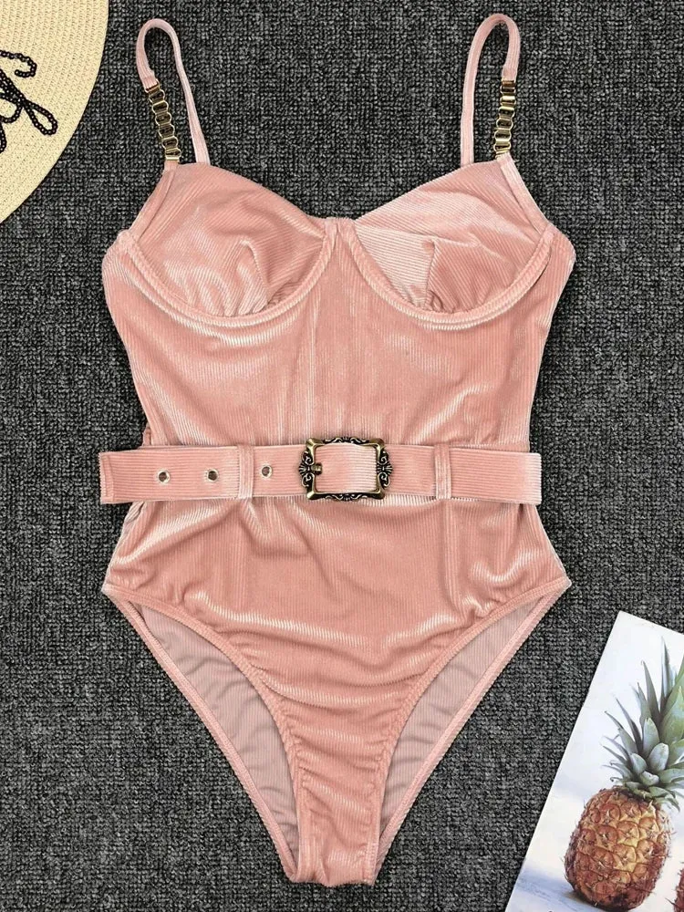 Belted One-Piece Swimsuit with Push-Up Underwire Support