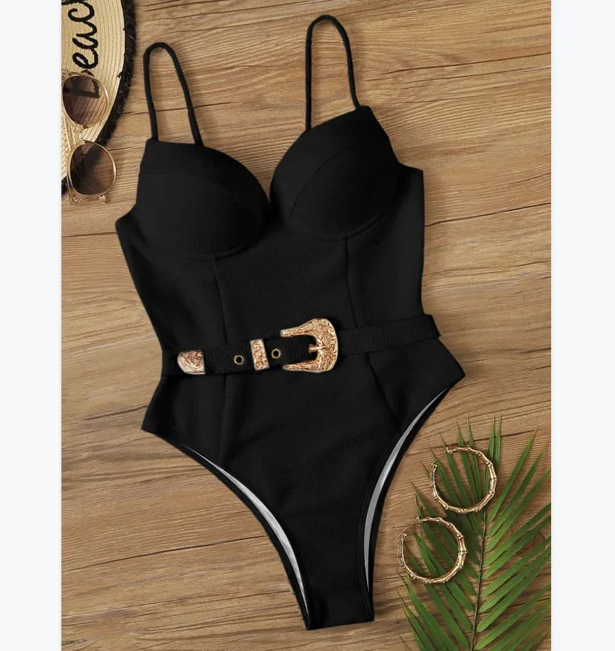 Belted One-Piece Swimsuit with Push-Up Underwire Support