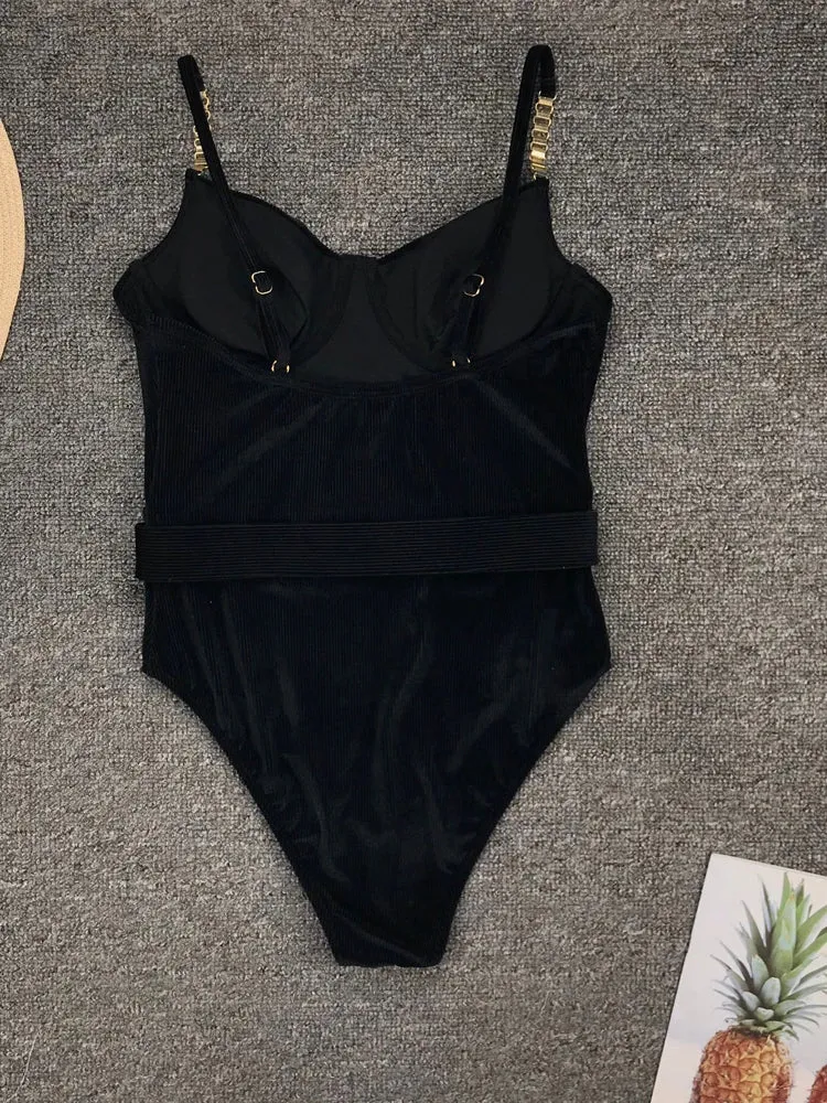 Belted One-Piece Swimsuit with Push-Up Underwire Support