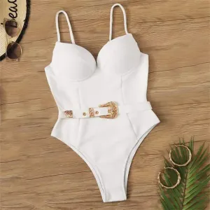 Belted One-Piece Swimsuit with Push-Up Underwire Support