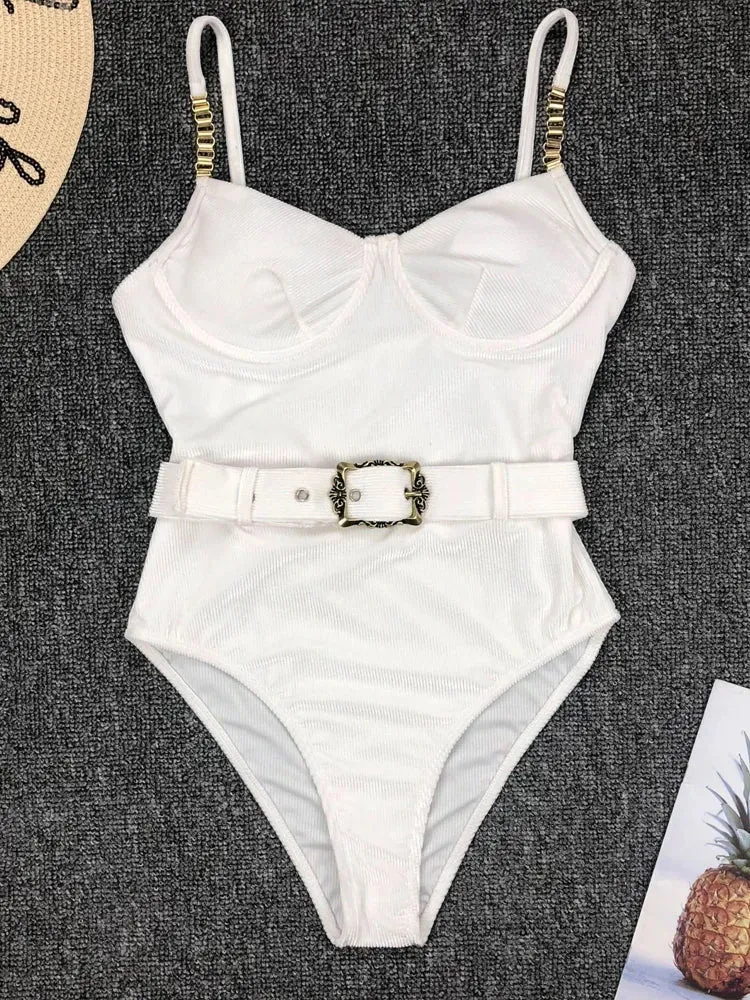 Belted One-Piece Swimsuit with Push-Up Underwire Support