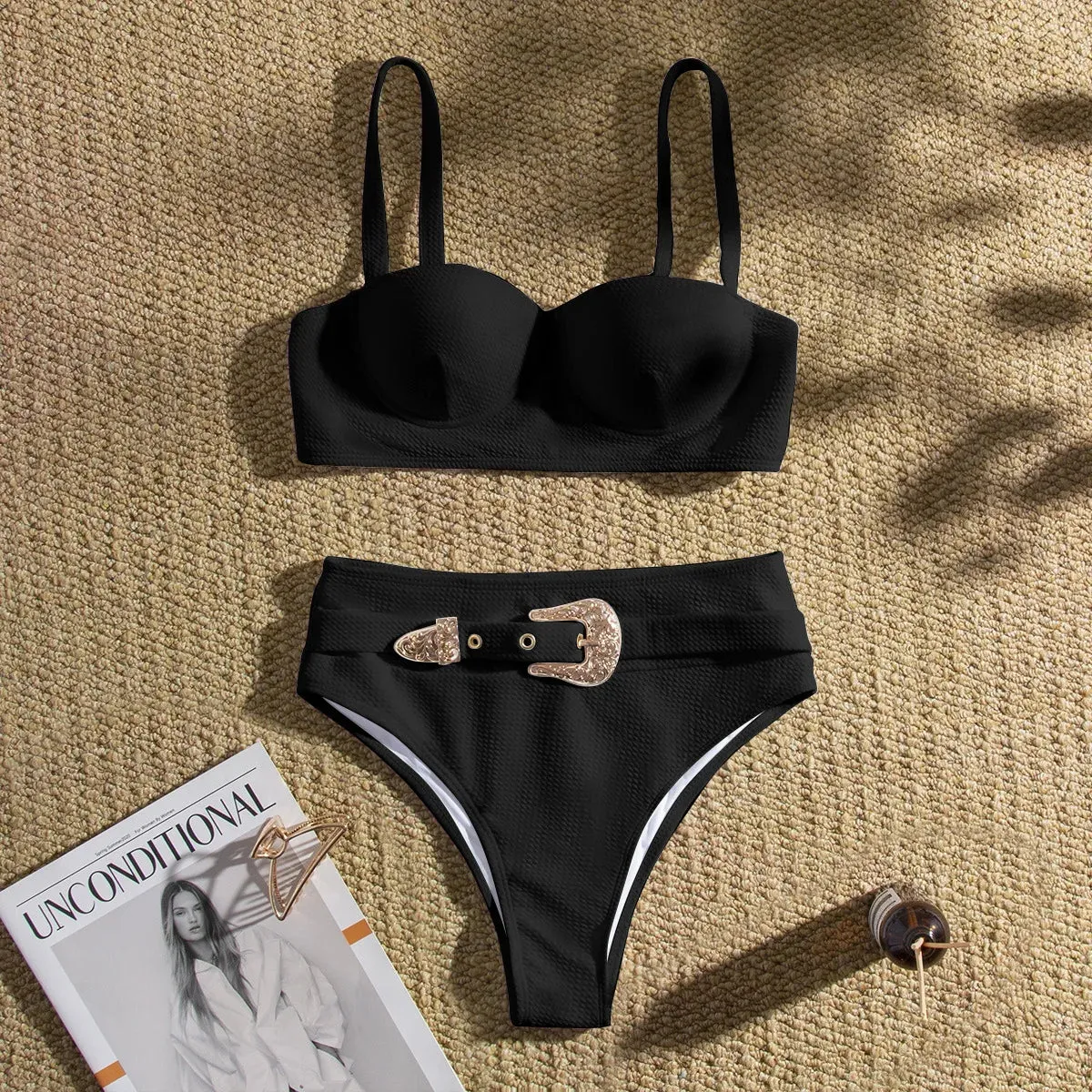 Belted One-Piece Swimsuit with Push-Up Underwire Support