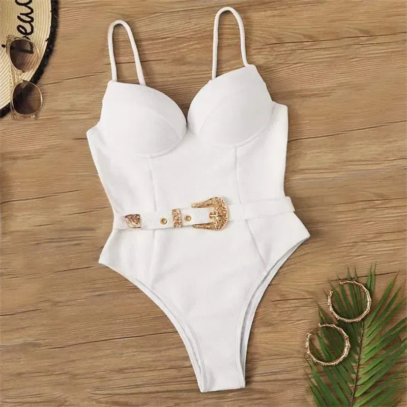 Belted One-Piece Swimsuit with Push-Up Underwire Support