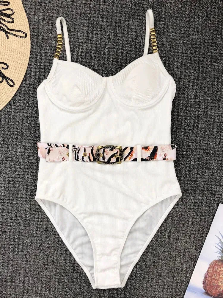Belted One-Piece Swimsuit with Push-Up Underwire Support
