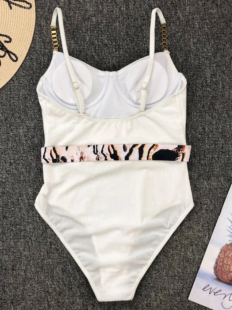 Belted One-Piece Swimsuit with Push-Up Underwire Support