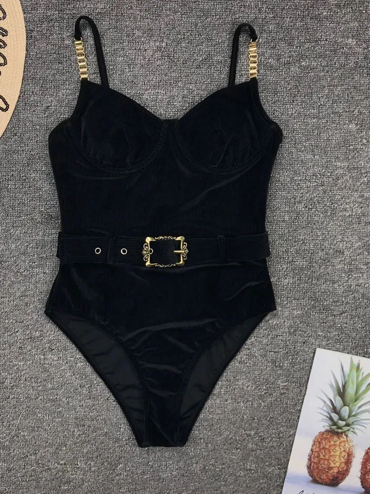 Belted One-Piece Swimsuit with Push-Up Underwire Support