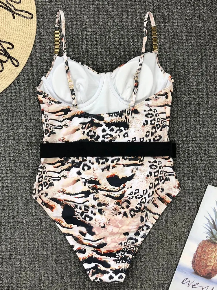 Belted One-Piece Swimsuit with Push-Up Underwire Support
