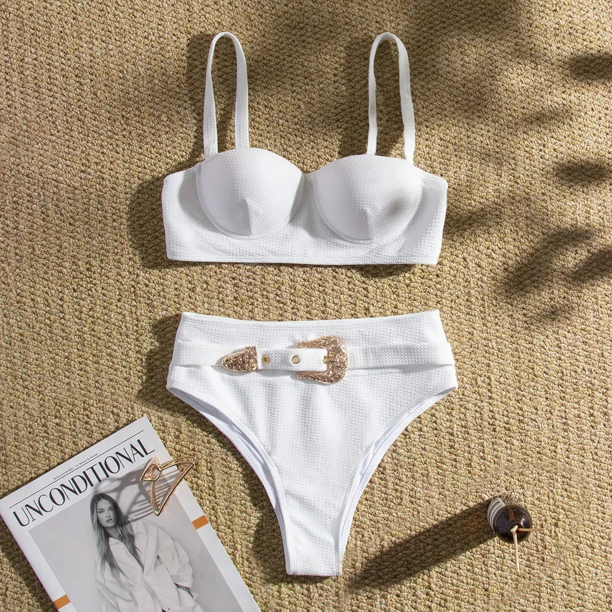 Belted One-Piece Swimsuit with Push-Up Underwire Support