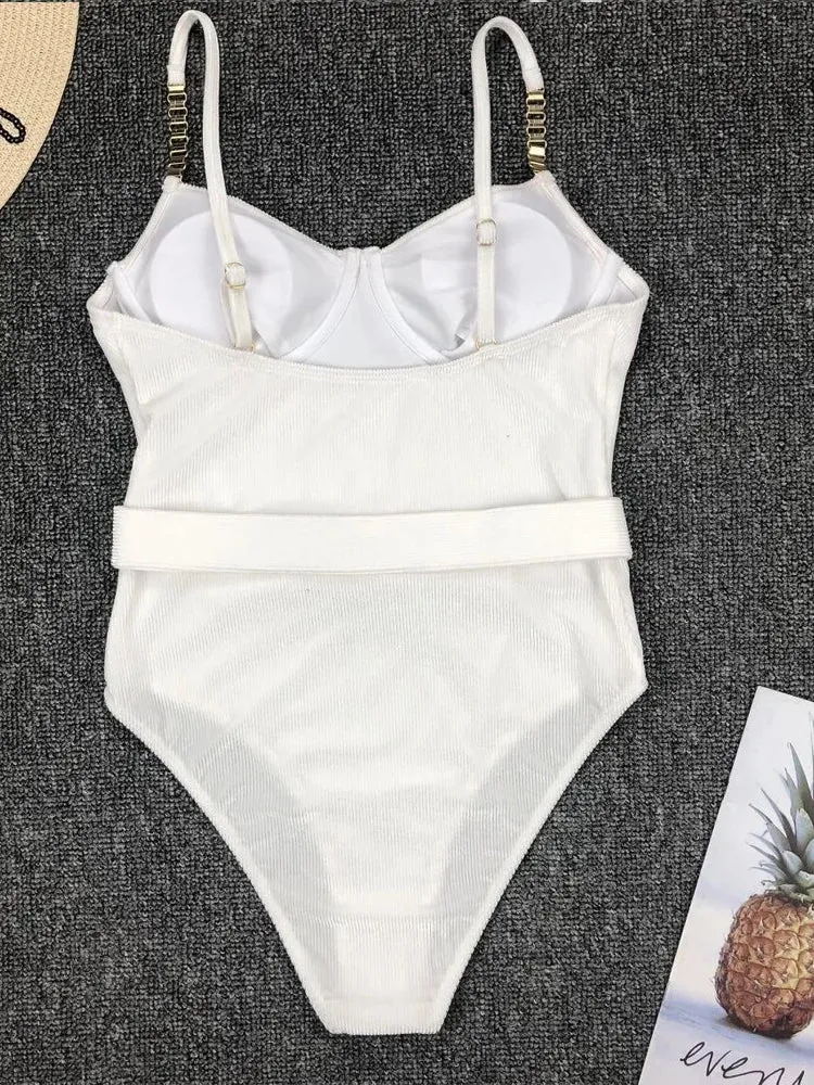 Belted One-Piece Swimsuit with Push-Up Underwire Support